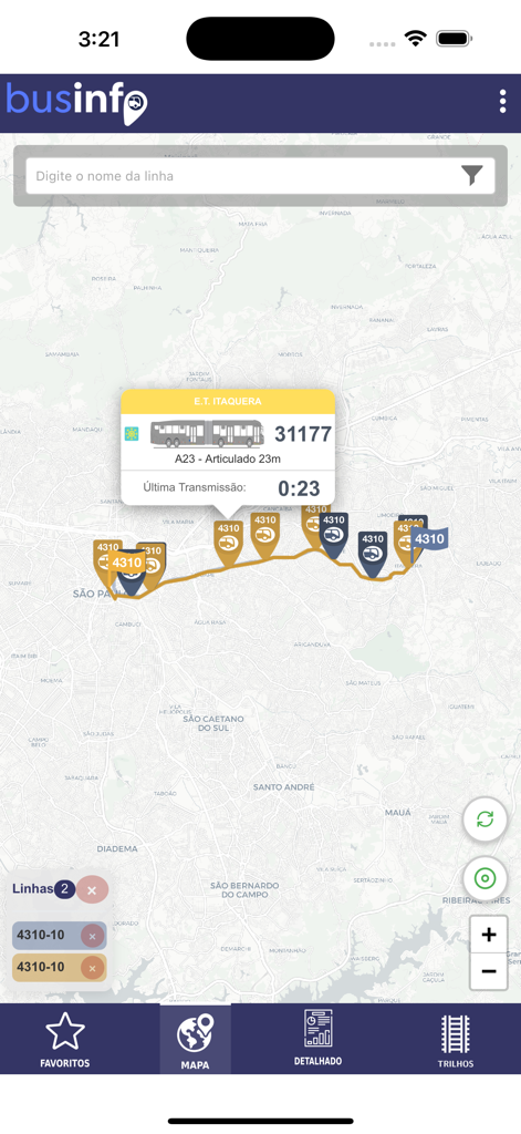 BusInfo - Interface de l'application BusInfo montrant une carte de suivi des bus en temps réel à Sao Paulo