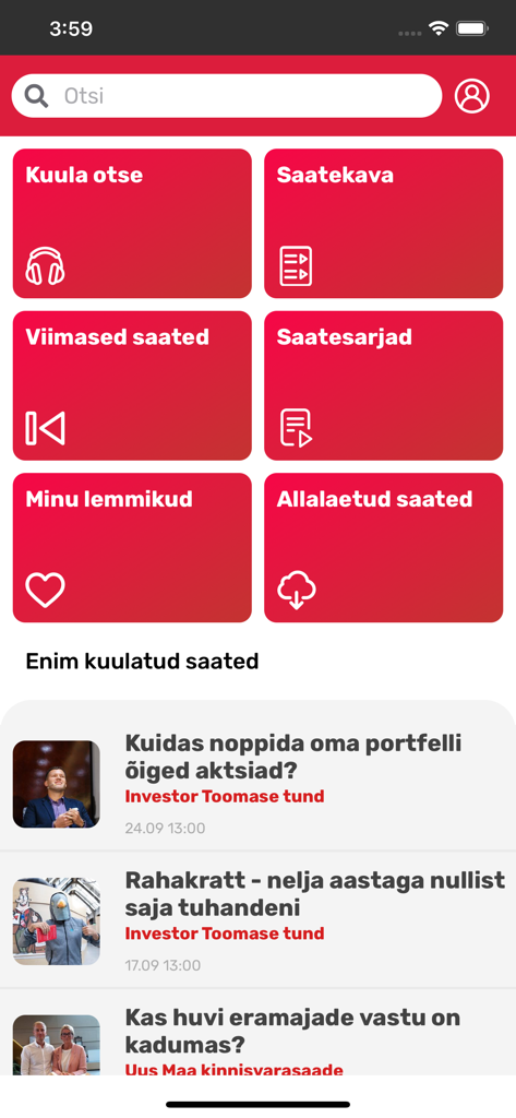 Dashboard der Äripäeva Raadio App, das Geschäftspodcast-Kategorien und beliebte Episoden anzeigt