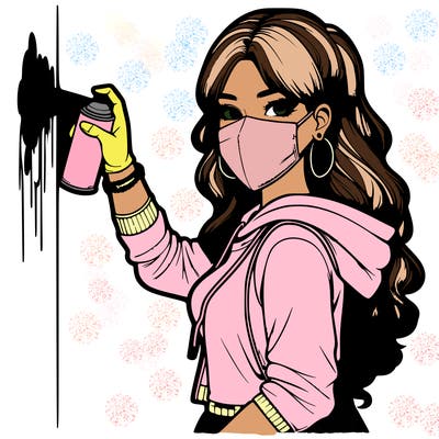 realistic girl with mask spray painting a wall