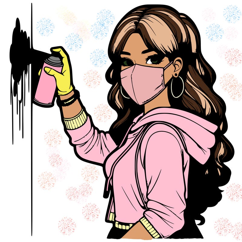 realistic girl with mask spray painting a wall