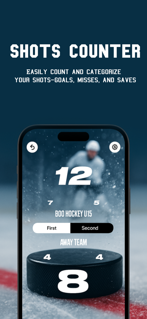 Hockey Shots Counter - Hockey Shots Counter mobile app interface showing real-time statistics for a youth hockey game