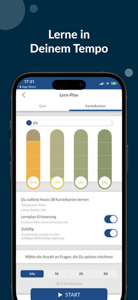 Bildschirm einer mobilen App, der einen personalisierten Lernplan mit Fortschrittsbalken und Karteikarteneinstellungen für die Vorbereitung auf die Industriemeisterprüfung zeigt.