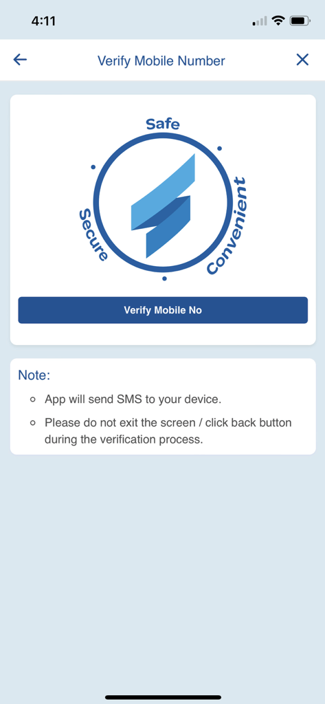 SVC Mobile - SVC Mobile app screen for verifying mobile phone number with secure and safe banking labels