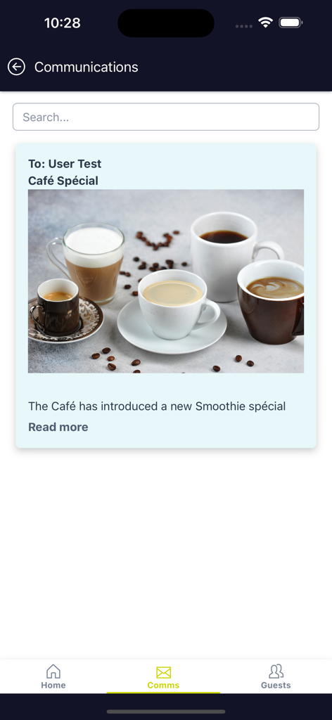 AIVA - AI Driven Safety 3.0 - Interfaz de la aplicación AIVA que muestra una publicación de comunicación de la propiedad titulada "Especial de Café" con una imagen de tazas de café.