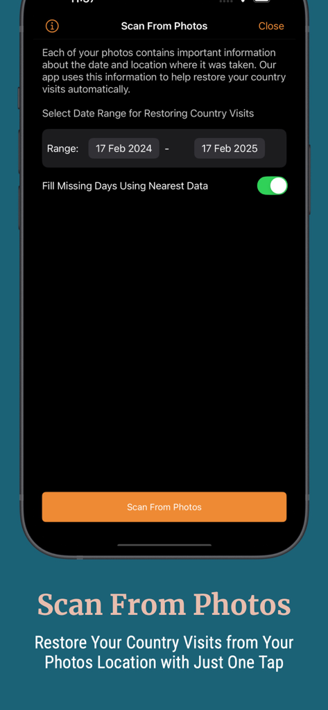 Mobile screen showing the Scan From Photos feature to restore country visit history using photo metadata and location data.