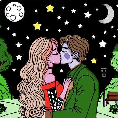 woman and man romantically kissing in a park at night under the stars and the moon