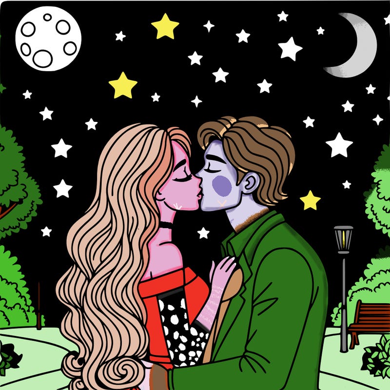 woman and man romantically kissing in a park at night under the stars and the moon