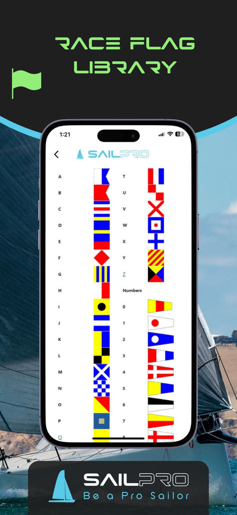 SailPro 앱 화면, 요트 레이싱용 국제 해양 신호 깃발 및 숫자 라이브러리 표시