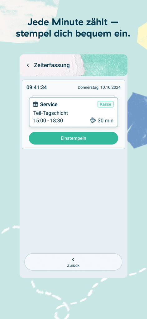 gastromatic - Gastromatic mobile app interface showing the time tracking screen and clock in button for employee shifts.