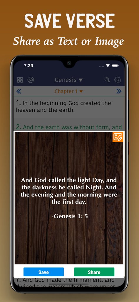 Biblia de Jerusalén Católica - Catholic Bible app screen showing the option to save or share a biblical verse as a customized image.