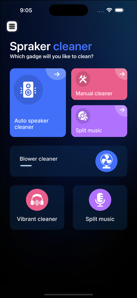 Speaker Cleaner: Boost Volume - Main menu of the Speaker Cleaner app showing various sound based cleaning modes like auto and manual cleaner
