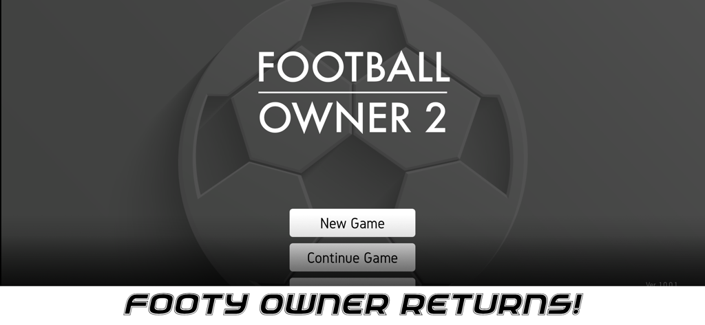 Football Owner 2 main menu title screen with buttons to start or continue a game