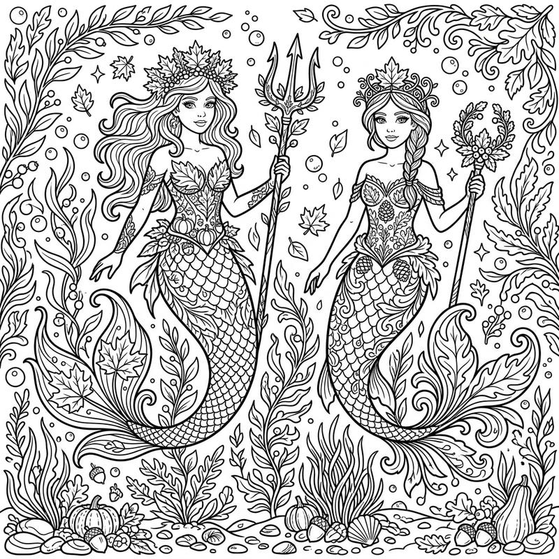 Immerse yourself in a whimsical underwater world with our exquisite Mermaid Queens coloring page, perfect for autumn enthusiasts. Discover two majestic mermaids adorned with fall foliage, surrounded by a bountiful aquatic harvest scene.