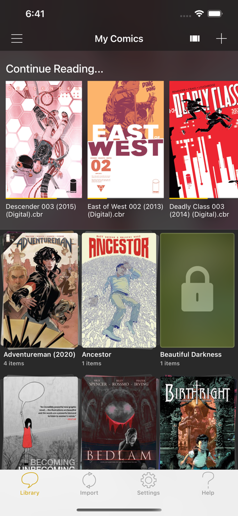YACReader - Comic Reader - Interfaccia della libreria dell'app YACReader che mostra copertine di fumetti e cartelle di raccolta