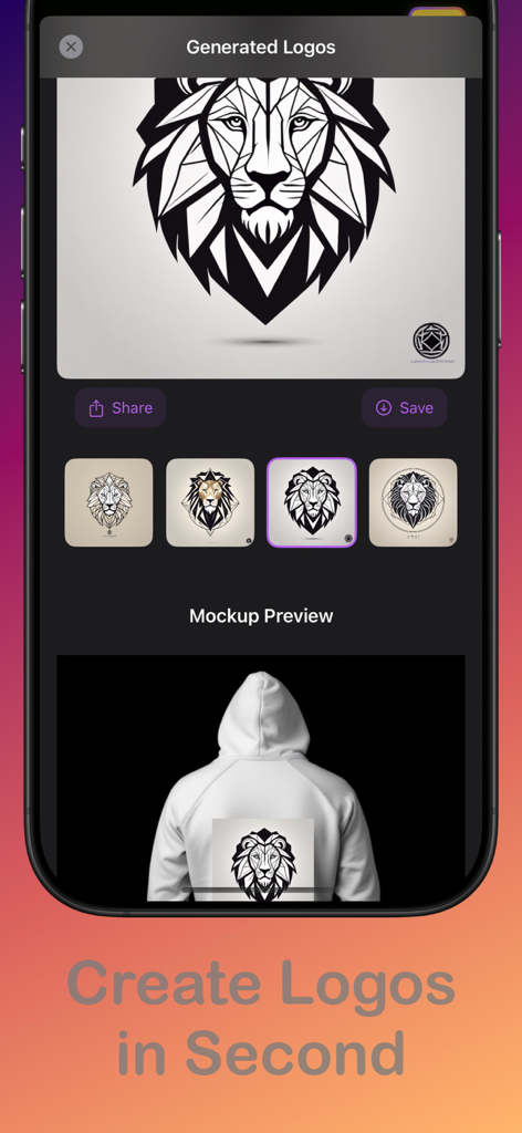 Vise AI - AI Logo Maker - A mobile app screen showing a generated lion head logo and its preview on a hoodie mockup.