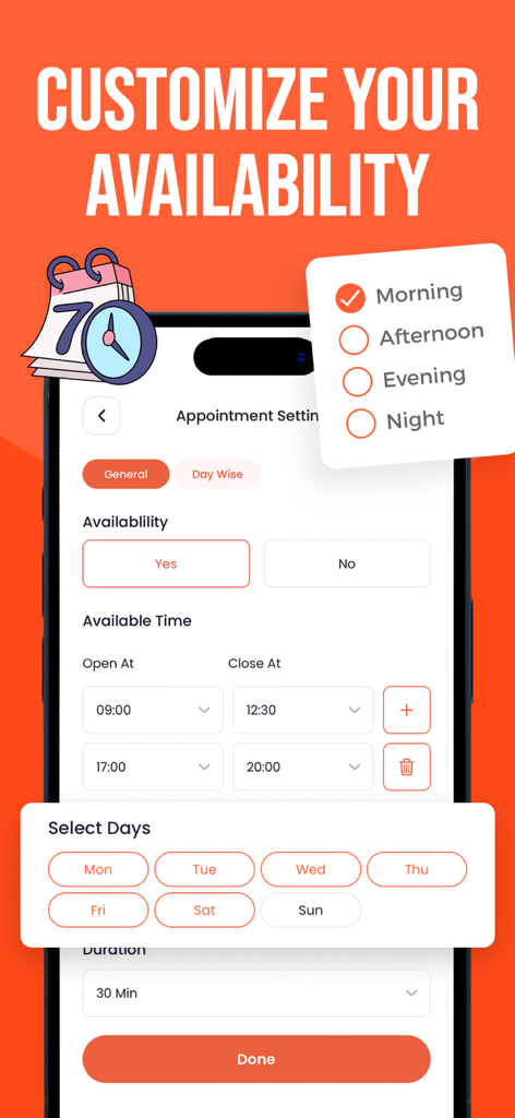 VirtueLife: Physiotherapy - Physiotherapist appointment setting screen in VirtueLife app showing customizable availability and working hours