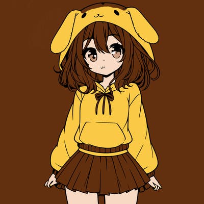 pretty anime girl wearing a fluffy hoodie with bunny ears on the hood and a skirt