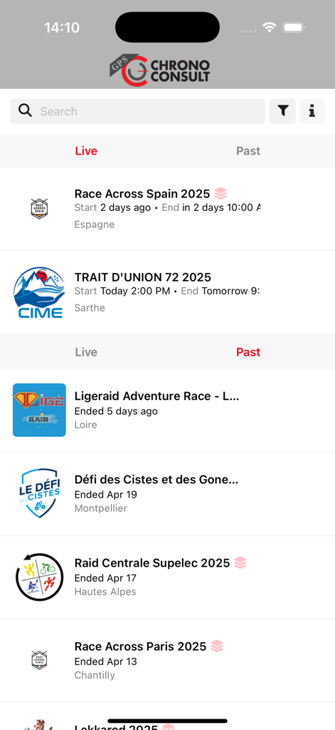 Chrono Consult Tracking GPS - List of live and past endurance sports events in the Chrono Consult GPS tracking app.