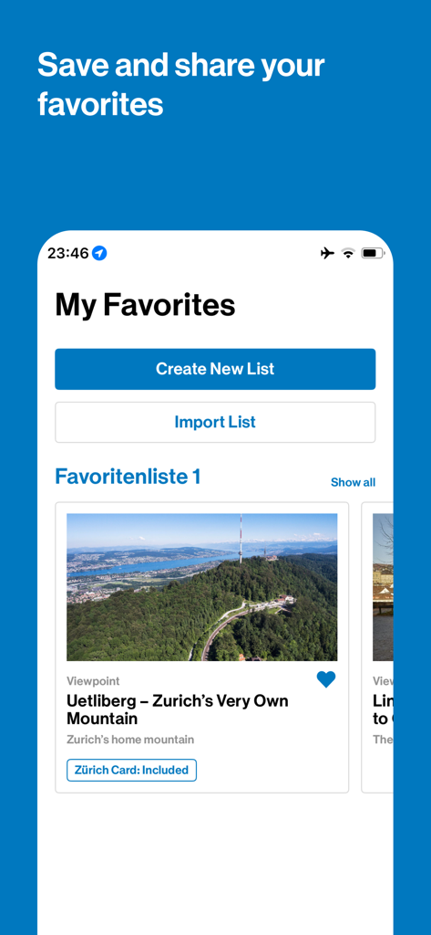 Zürich City Guide - Zurich City Guide app favorites screen featuring a saved trip to Uetliberg mountain