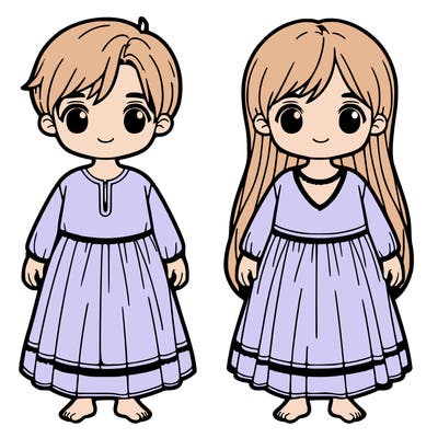 twins, a boy with short blue hair and a girl with log pink hair and they both wear a long white dress