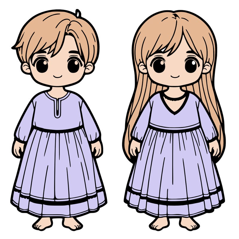 twins, a boy with short blue hair and a girl with log pink hair and they both wear a long white dress