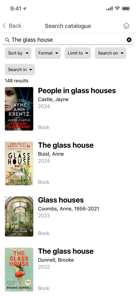 Search results for books in the Toowoomba Region Libraries mobile app catalogue showing titles, authors, and book covers.