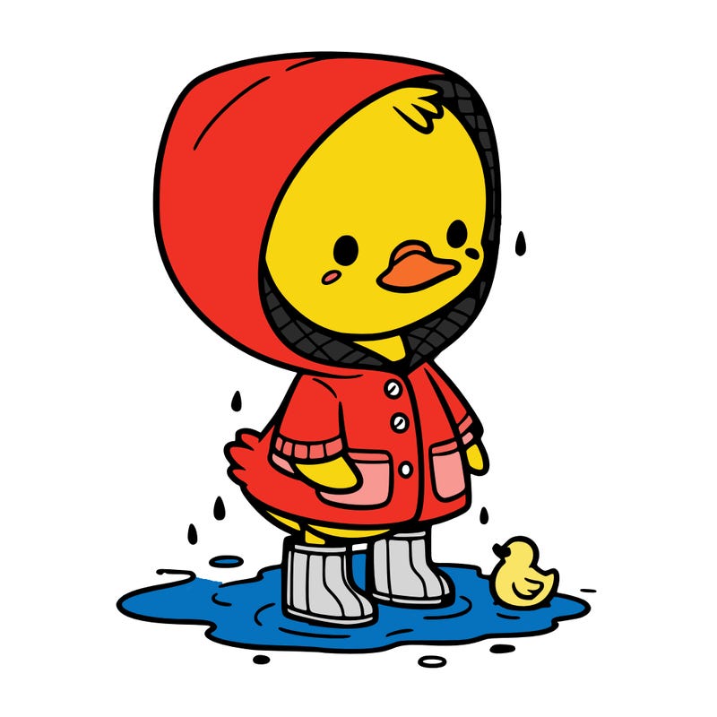 baby duck in a rain coat and boots, in a puddle while it’s raining