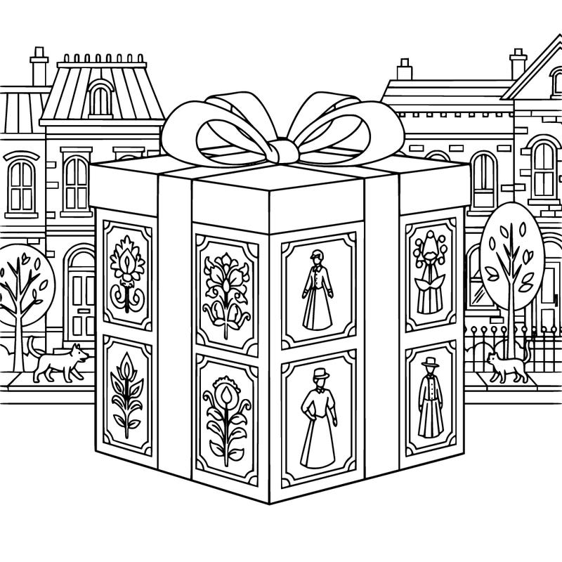 large present with victorian artwork on the box