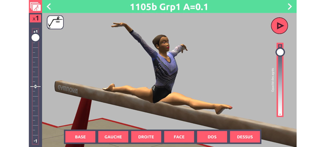 A 3D simulation of a female gymnast performing a split on a balance beam within the app interface.