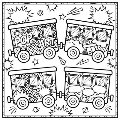 Ignite your imagination with this electrifying Pop Art coloring page featuring a lively train of passenger cars. Each carriage is bursting with comic book energy, halftone patterns, and speech bubbles, ready for your vibrant touch.