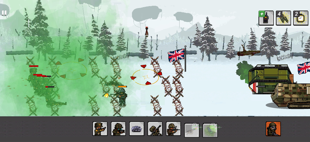 Trench Warfare 1914: Army War - ピクセルアートスタイルの第一次世界大戦戦略ゲームプレイ、雪の戦場でイギリスの戦車と兵士が登場。