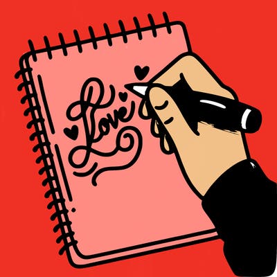a hand writing “love” in calligraphy on a notebook