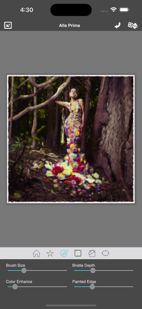 Artista Impresso - Pintura impresionista de una mujer con un vestido floral dentro de la pantalla de edición de la aplicación Artista Impresso