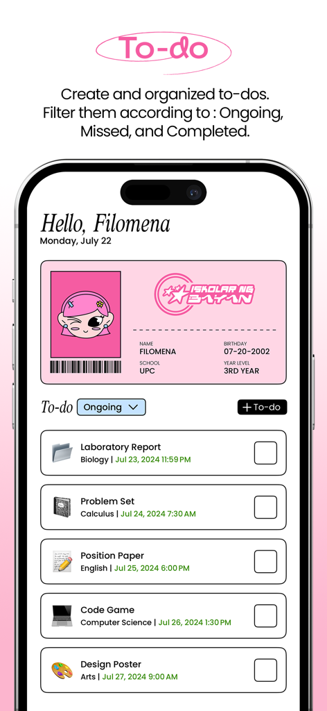 Interface of Folderly app featuring a pink custom student ID card and a school to-do list for tracking assignments like biology and calculus.