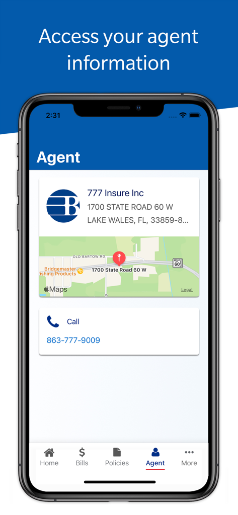 Bristol West Insurance app screen showing agent contact information with office address map and call button