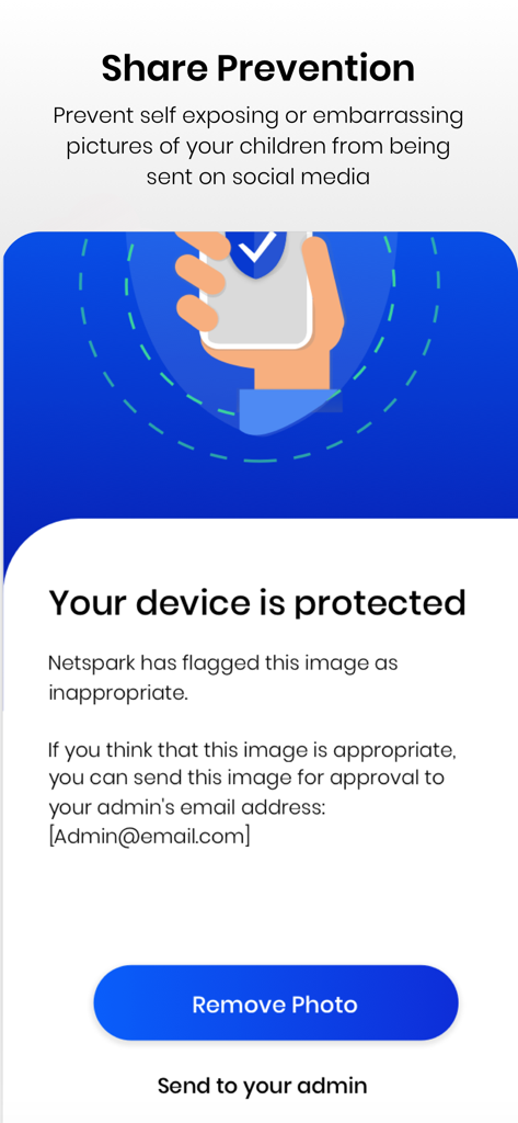 Parental Control Netspark - Netspark share prevention screen alerting that an image has been flagged as inappropriate to protect children on social media