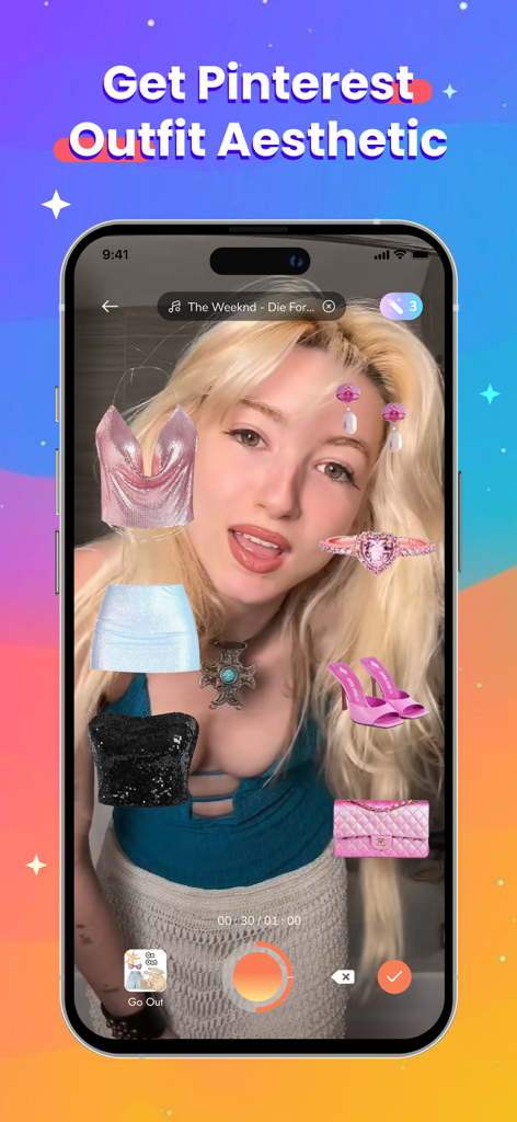A woman using a fashion ranking filter to create a Pinterest outfit aesthetic