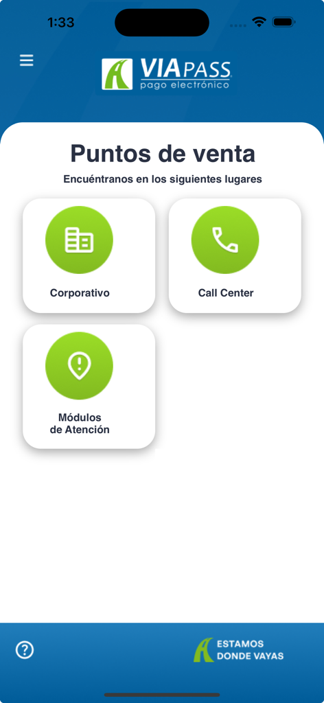Viapass Telepeaje - Viapass Telepeaje app screen showing points of sale and customer service options