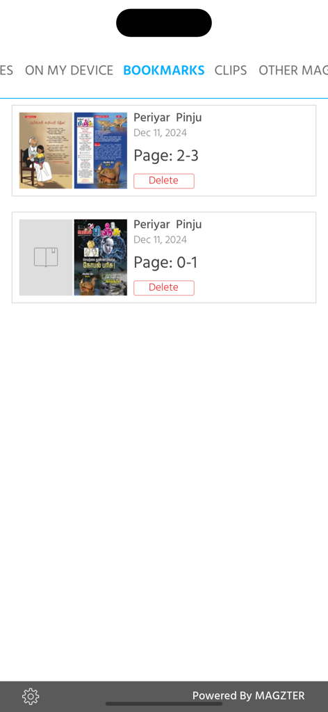 Periyar Pinju - The bookmarks screen of the Periyar Pinju app showing saved magazine pages and thumbnails.