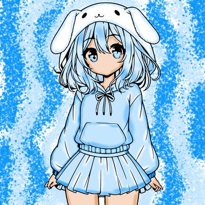 pretty anime girl wearing a fluffy hoodie with bunny ears on the hood and a skirt