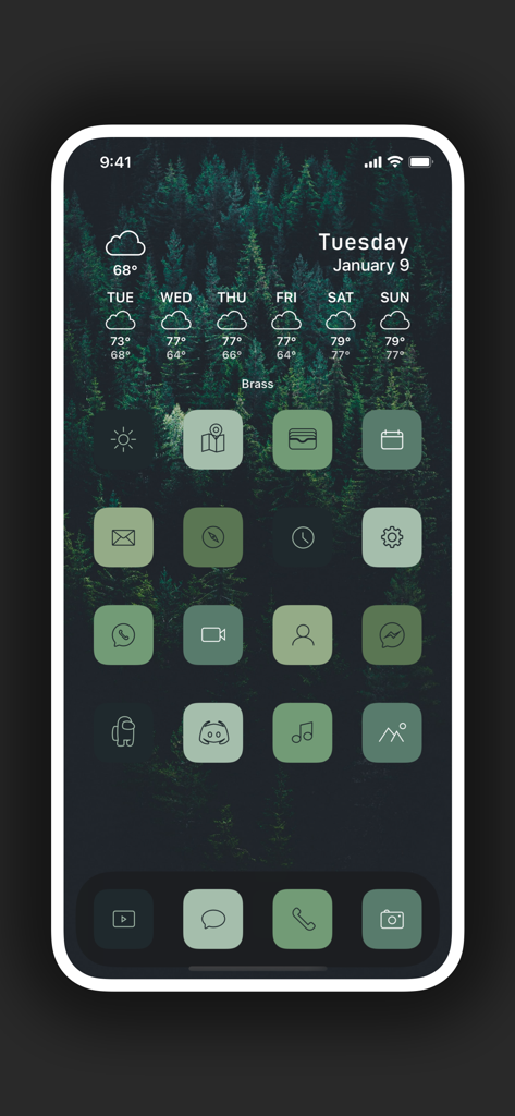 Brass - Icon Themes & Widgets - Tela de início do iPhone mostrando ícones personalizados verdes estéticos e um widget de tema de floresta do aplicativo Brass.