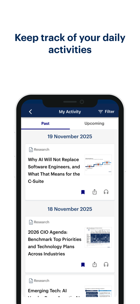 My Gartner Mobile - Capture d'écran de l'application My Gartner Mobile montrant une liste des articles de recherche récemment consultés et des activités professionnelles.