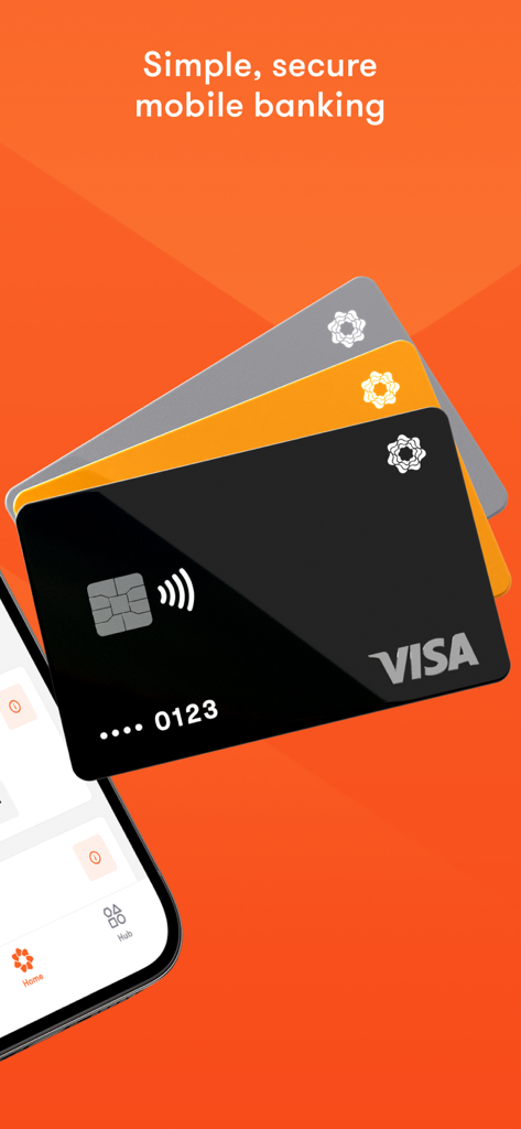 Bank al Etihad | بنك الإتحاد - Mobile-Banking-Oberfläche der Bank al Etihad mit mehreren Visa-Karten in Schwarz, Gold und Silber mit dem Text 'einfaches sicheres Mobile Banking' auf orangefarbenem Hintergrund