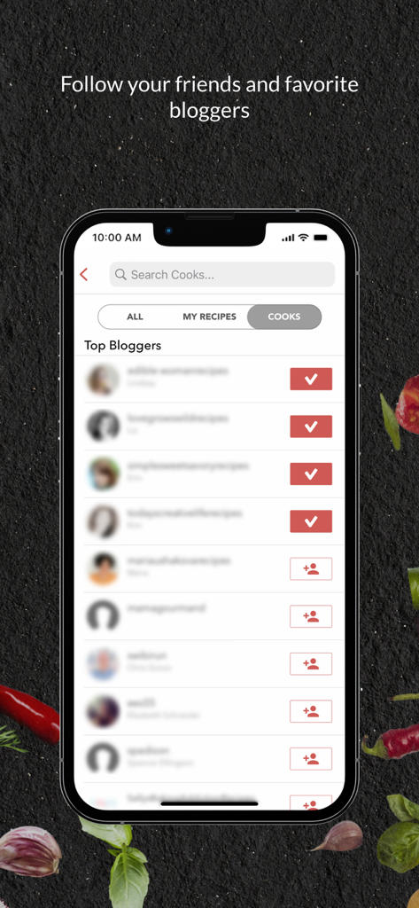 A mobile screen showing the BigOven Top Bloggers section with a list of cooks to follow and a search bar.