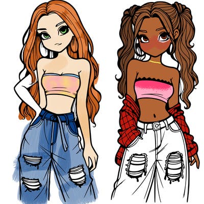 2 girls in crop tops and baggy jeans ripped