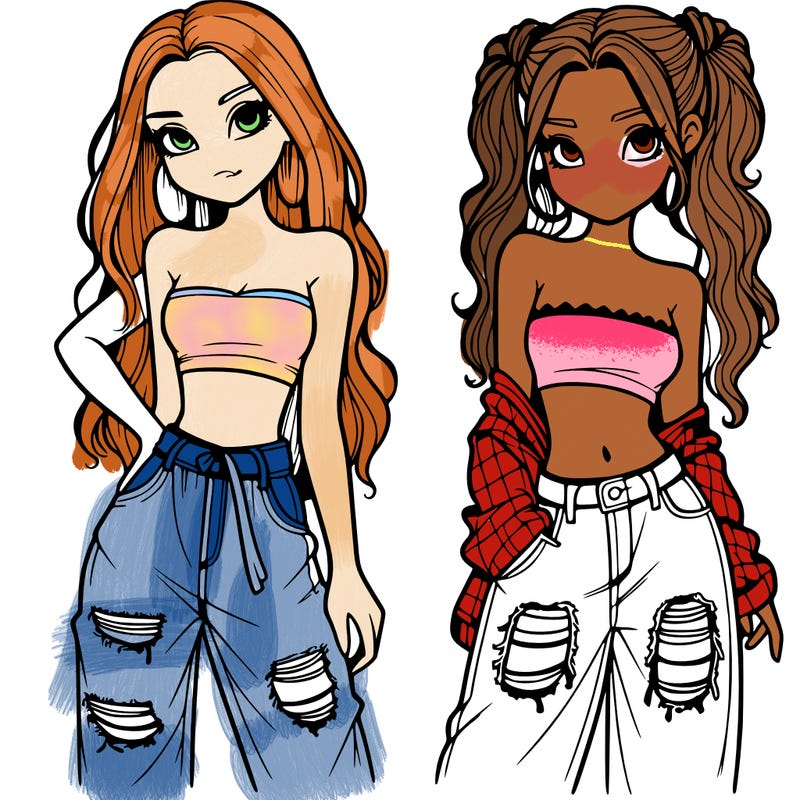 2 girls in crop tops and baggy jeans ripped
