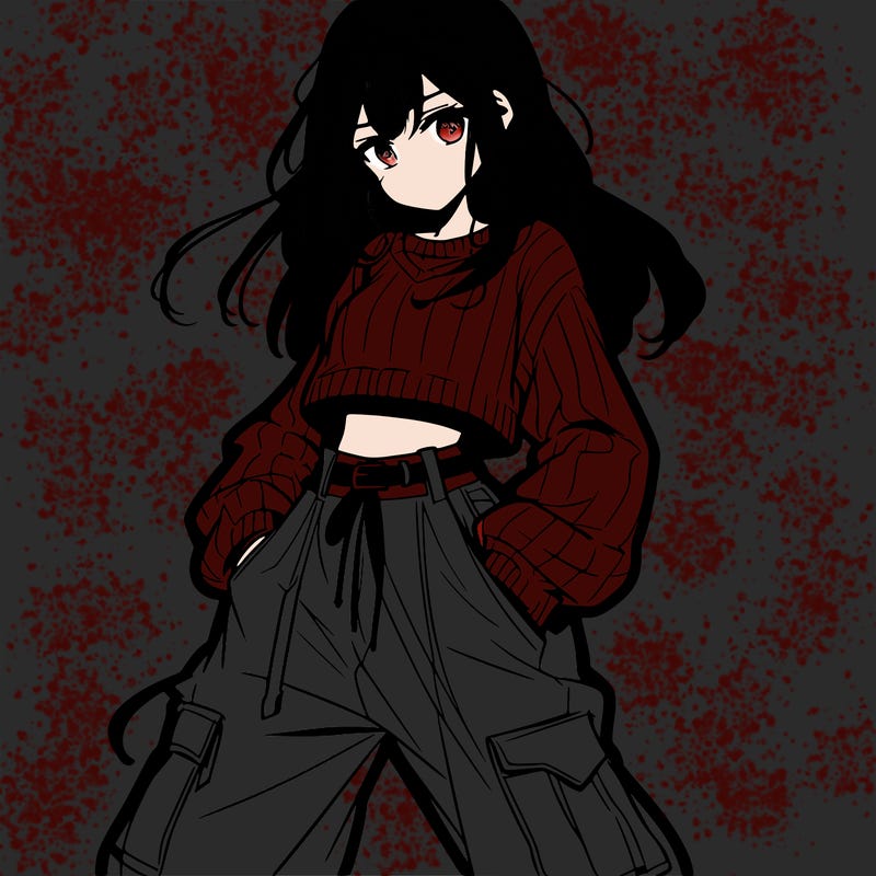 anime teen girl with baggy pants and crop top with sweater