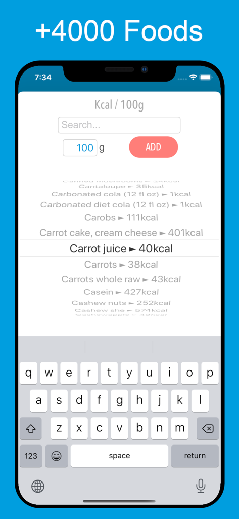 Interface do aplicativo móvel Calories Counter mostrando um banco de dados de alimentos pesquisável com valores calóricos e um teclado para entrada.