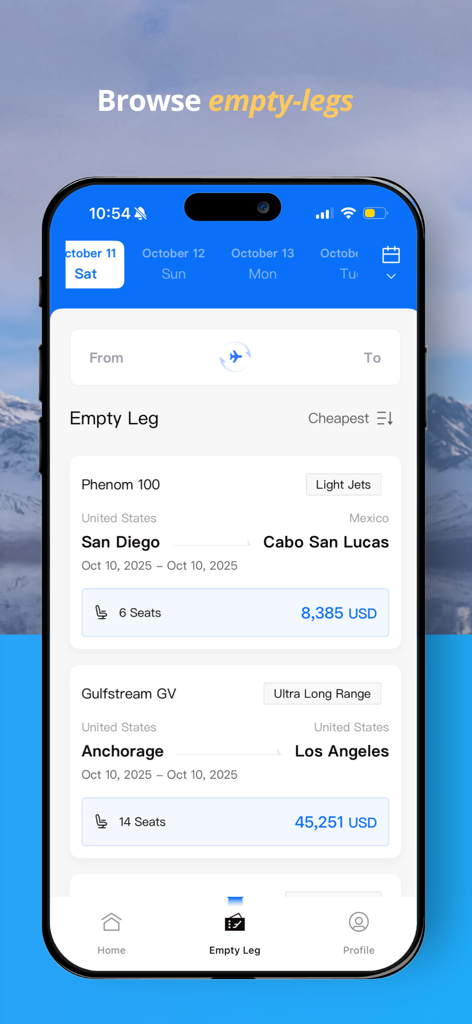 JETBAY app screen displaying available empty leg private jet flights with pricing and routes
