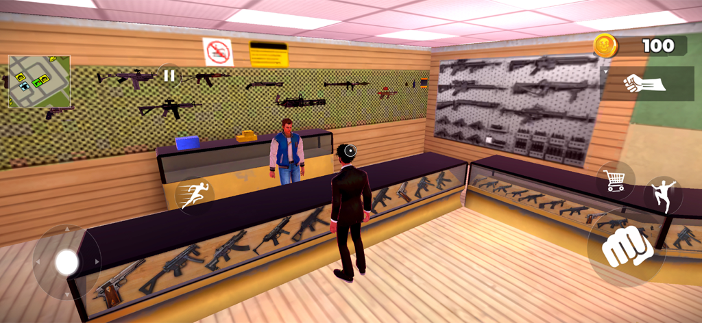 Rogue City Crime Gangster Game - Player character browsing a wide variety of weapons and upgrades in a city gun shop.